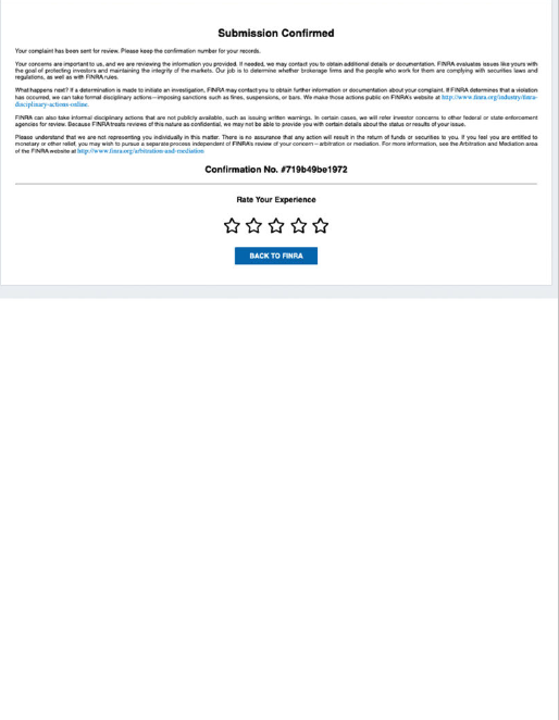 Original FINRA complaint submission confirmation
