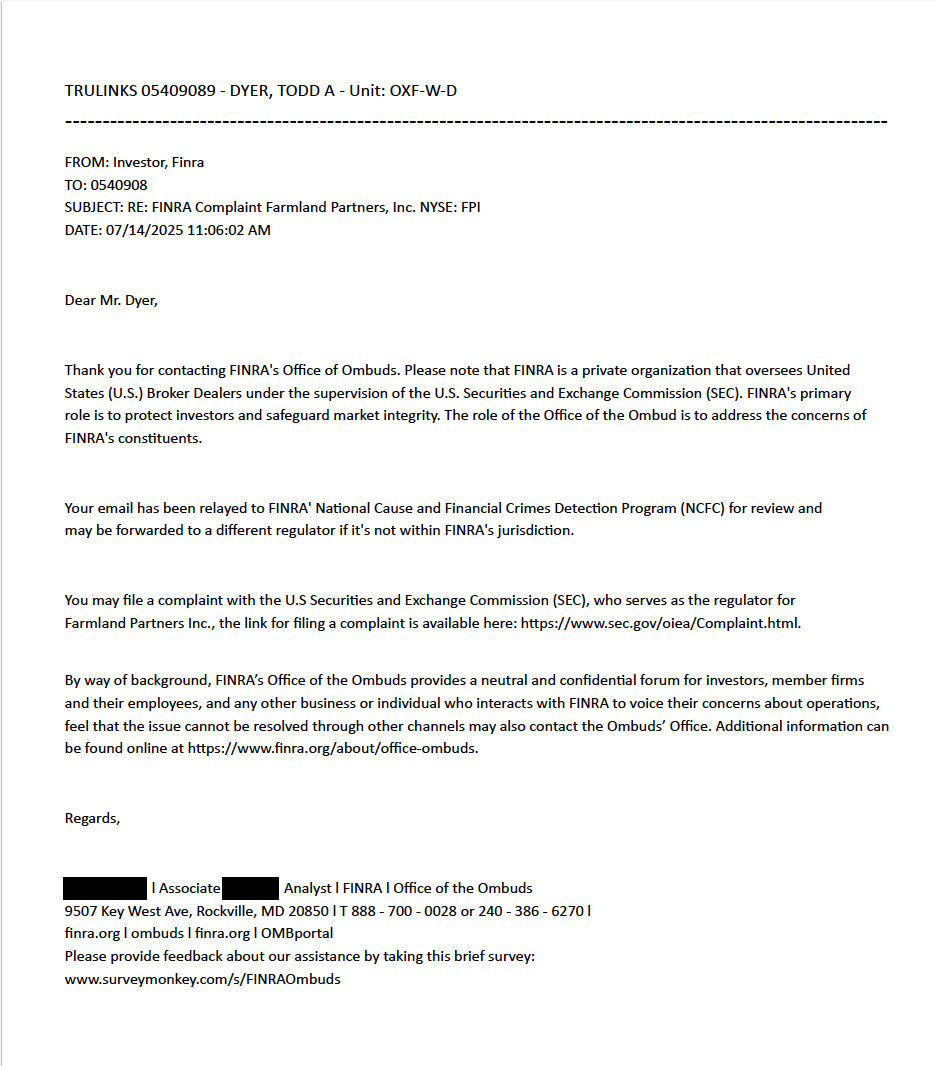 FINRA Office of the Ombuds response